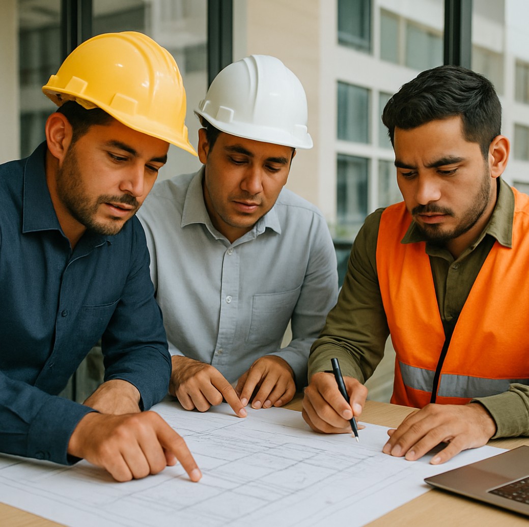 Equipo de Edificar 360 colaborando con planos arquitectónicos